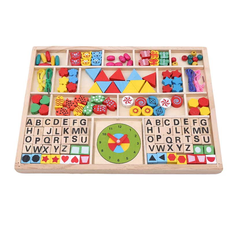 

Wooden Multi-function Threading Board Clock Print Shape Tie Rope Baby Educational Toys Early Learning Toys
