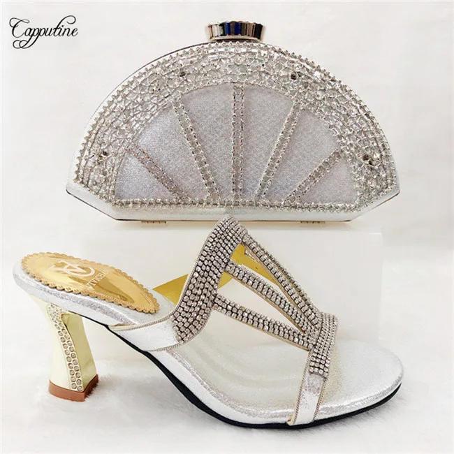 

Popular African silver high heel lady shoes matching with handbag set for lady T0425 heel height 8cm