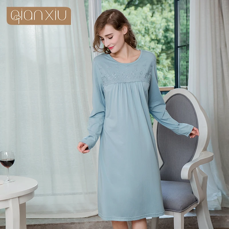 

2019 Autumn Women Sweety Lace nightgown Female Cotton Bamboo Fiber sleepwear dress Ladies Long sleeve Round collar Sleepshirt XL