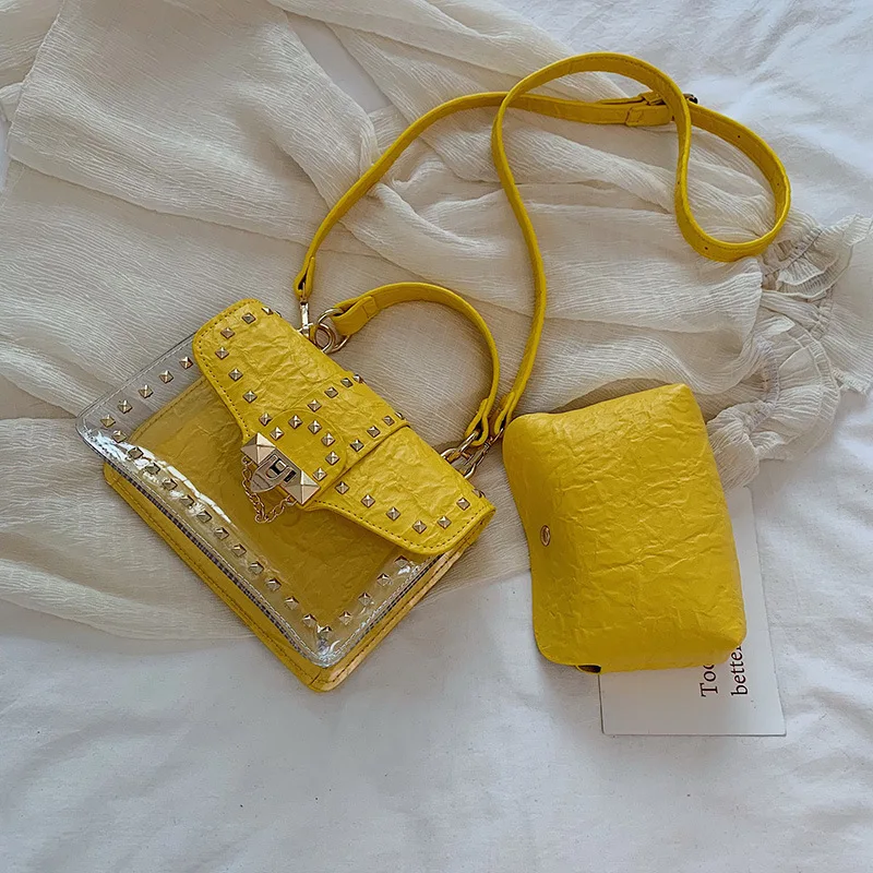 

Women Summer New Handbag and Purse Rivet Transparent Shoulder Bag Famous Brand Designer Small Clear Tote Bag Jelly Crossbody Bag