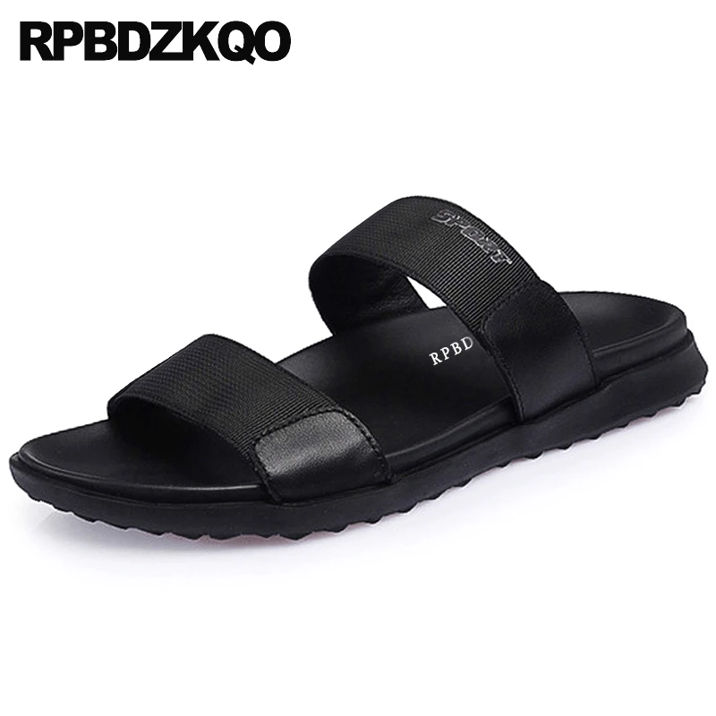 

black beach designer slip on genuine leather mens sandals 2019 summer outdoor casual shoes slippers open toe slides high quality