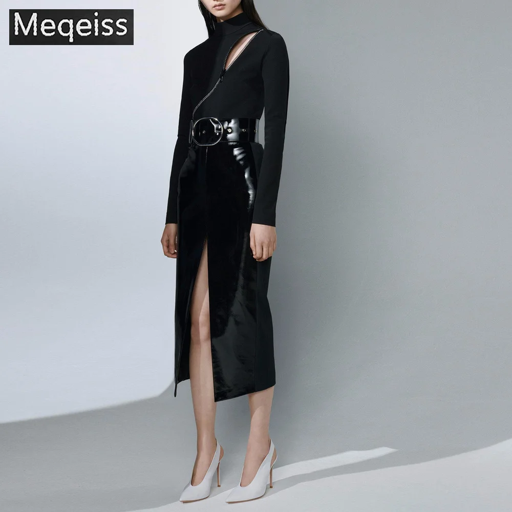 

MEQEISS 2019 New Sexy Office Lady Two Piece Set O-Neck Long Sleeve Hollow Out Bodysuit Sashes Mid Calf PU Skirt With Belt Hot