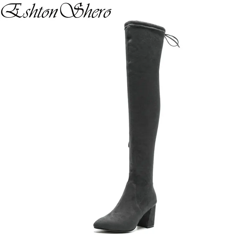 

EshtonShero Shoes Woman Over The Knee Boots Flock Lace Up High Heel Women Platform Pointed Toe Ladies Motorcycle Boot Size 34-40
