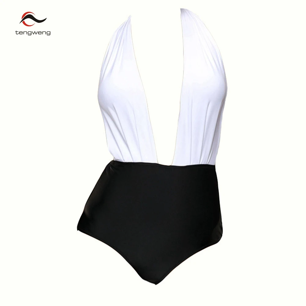 2017 Women Sexy Halter One Piece Monokini Swimsuit Black White Patch V Neck Swimwear High Waist Backless Bathing Suit Plus Size plus-size-black-swimsuit : image 2017 Women Sexy Halter One Piece Monokini Swimsuit Black White Patch V Neck Swimwear High Waist Backless Bathing Suit Plus Size plus-size-black-swimsuit
