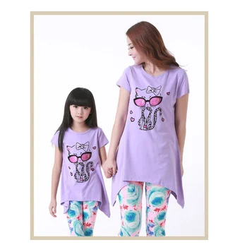 

Family Matching Clothes Cute Cotton Cartoon Cat Sets Clothes Mother Child Suit Short Sleeve Family's Clothes