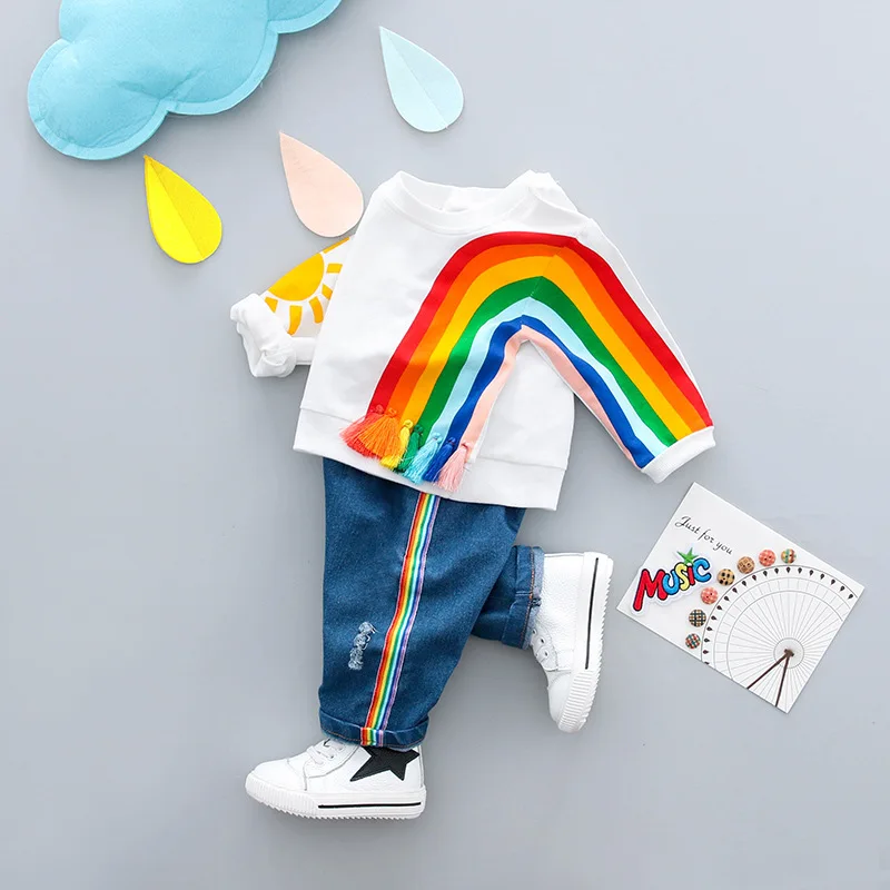 Комплект одежды для мальчиков и девочек; Детский костюм с радужным узором; корейская детская одежда; хлопковый Детский костюм; коллекция года; сезон весна-осень