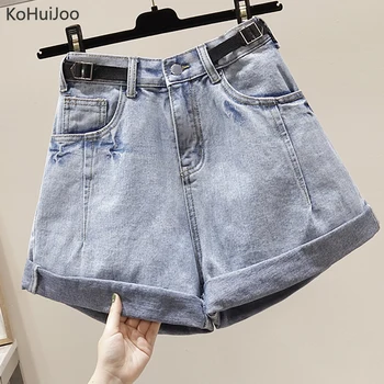 

KoHuiJoo Ladies Denim Shorts Plus Size Belt Fashion Pockets Roll up Loose A Line Jeans Shorts Women Big Size High Waist Shorts
