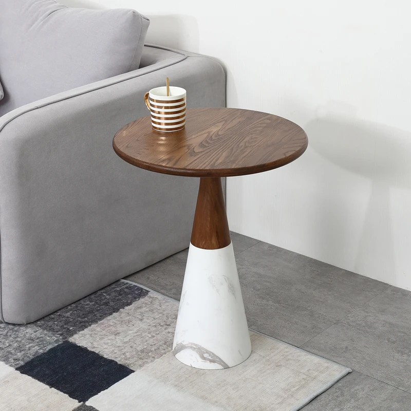 Round Coffee Table Wood Top Marble Base Side Table for Living Room Solid Wood End Table