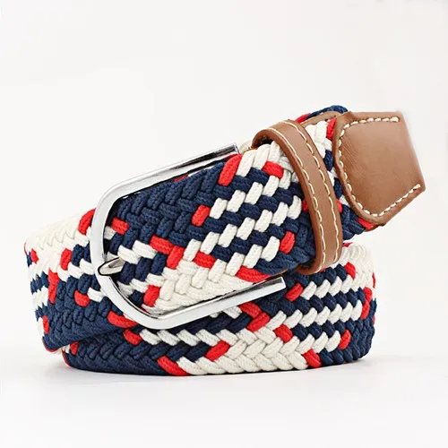 Hot Colors Belt Casual Women Knitted Pin Buckle Belt Fashion Woman Woven Elastic Stretch Belts Canvas Female - Цвет: lan-bai-hongF