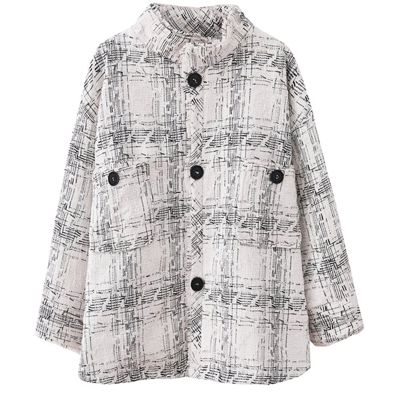 

PERHAPS U women jacket single breasted stand collar plaid white pocket loose small fragrance style outwear C0053
