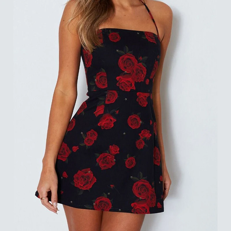 

2019 Women Rose Elegant Dress Sleeveless Bodycon Evening Party Mini Dresses Ladies Clothes Casual Summer Clothing Fashion New