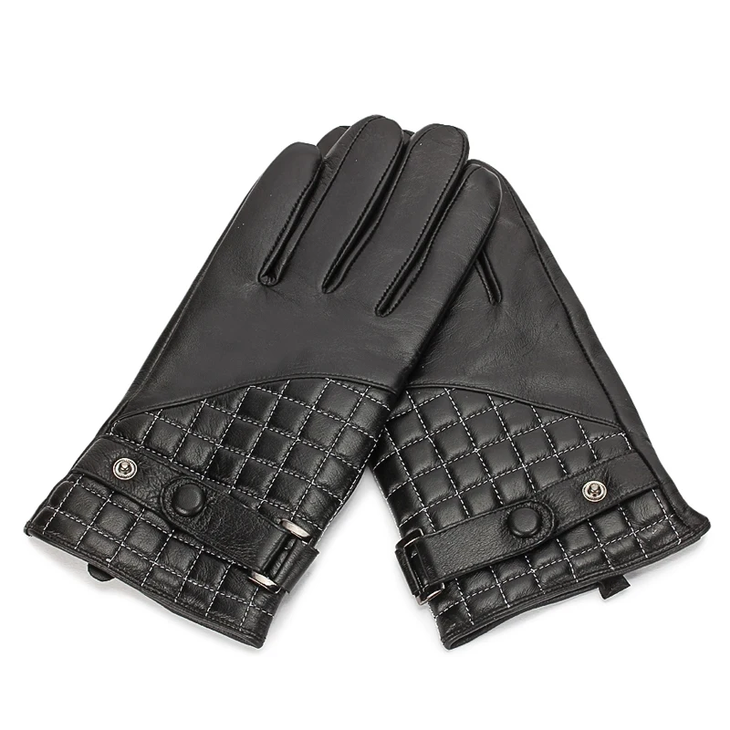 

HOT Genuine Leather Men Gloves Autumn Winter Plush Lined Classic Black Sheepskin Glove Wrist Belt Buttons 2020 NEW TB01
