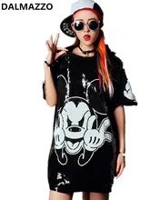 

2018 Summer Newest Black Women Runway Print 3D Cartoon Design Mickey Sequins Mini Dress Short Sleeve Loose Long T-Shirt Dresses