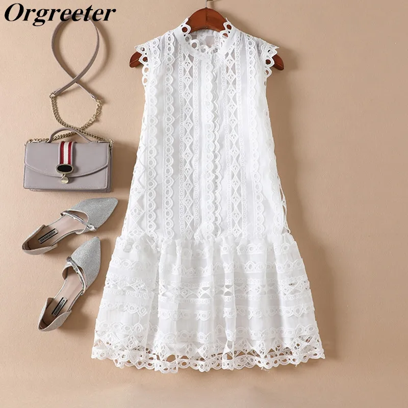 

Summer Elegance Etiquette Short Party Dresses Women Vestidos Casual Mujer 2019 Summer Sleeveless Hollow out Lace Dress
