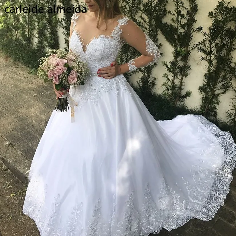 

Vestidos de noiva 2019 Ball Gown Wedding Dress Bead Waist Bride Dress Chapel Train Abiti da sposa Vestido branco