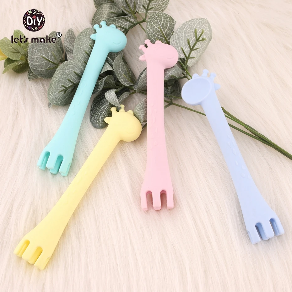 

Let's make 10pc Baby Silicone Giraffe Spoon And Feeding Fork Two In One Safety Tableware Infant Learning Spoons Teething Spoons