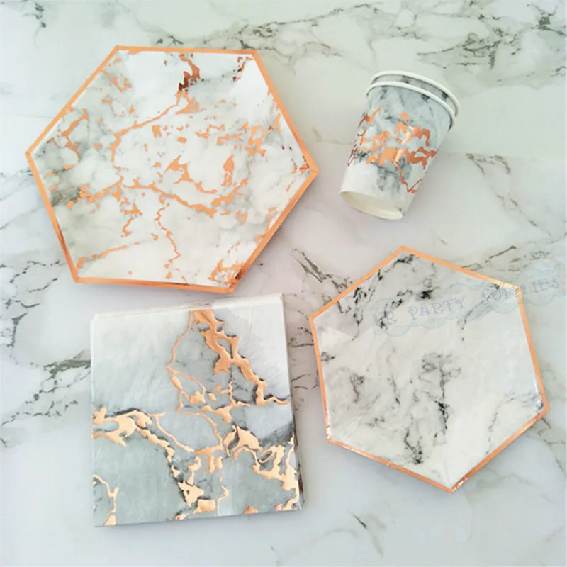 

24 Sets Marbling Rose Gold Disposable Tableware Paper Cups Plates Napkins Straws For Home Kids Birthday Champagne Party Decor