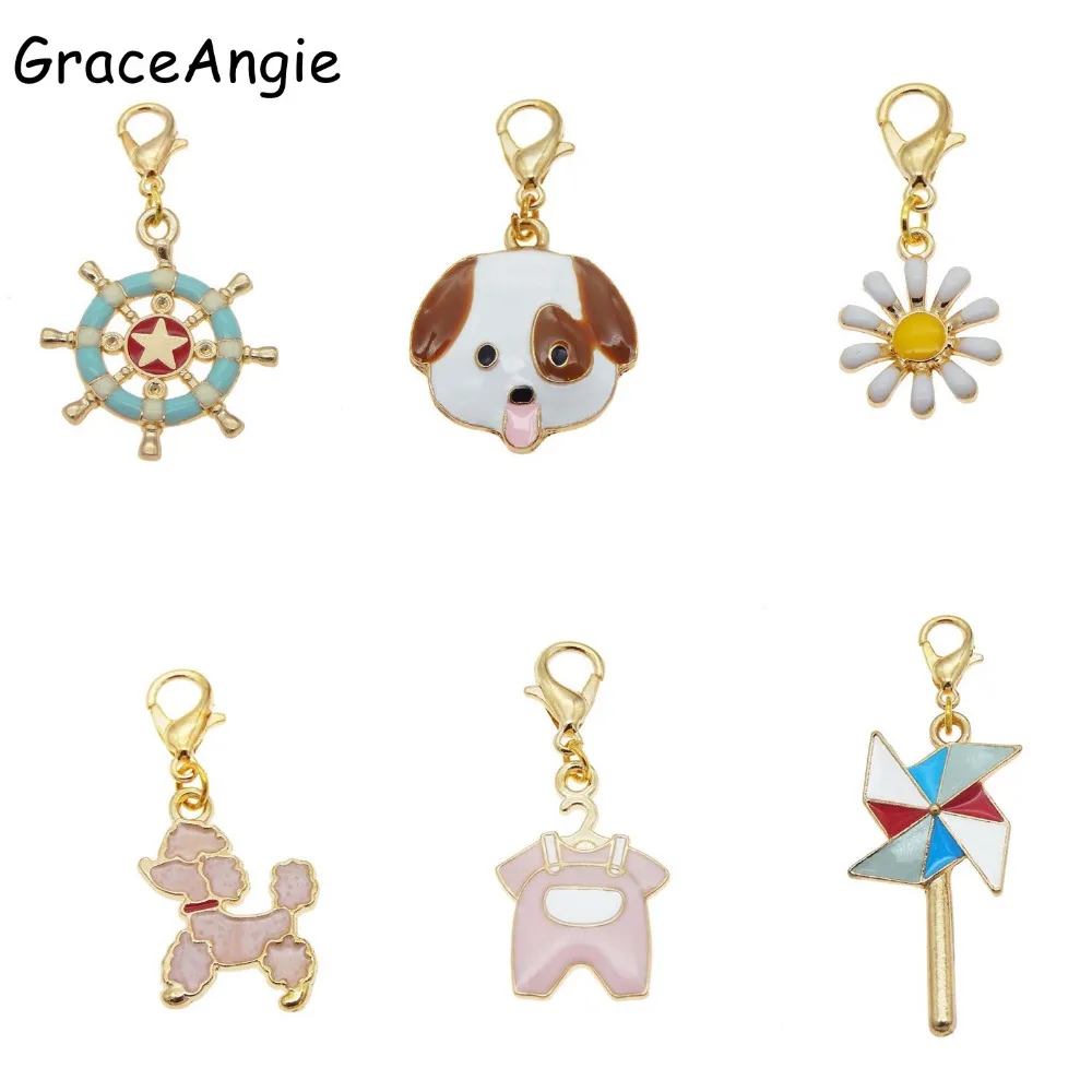 

6pcs Cute Pendant with Lobster Clasp Necklace Pendant Enamel Dog flower Anchor DIY Keychain Earring Jewelry Making Dangle Charms