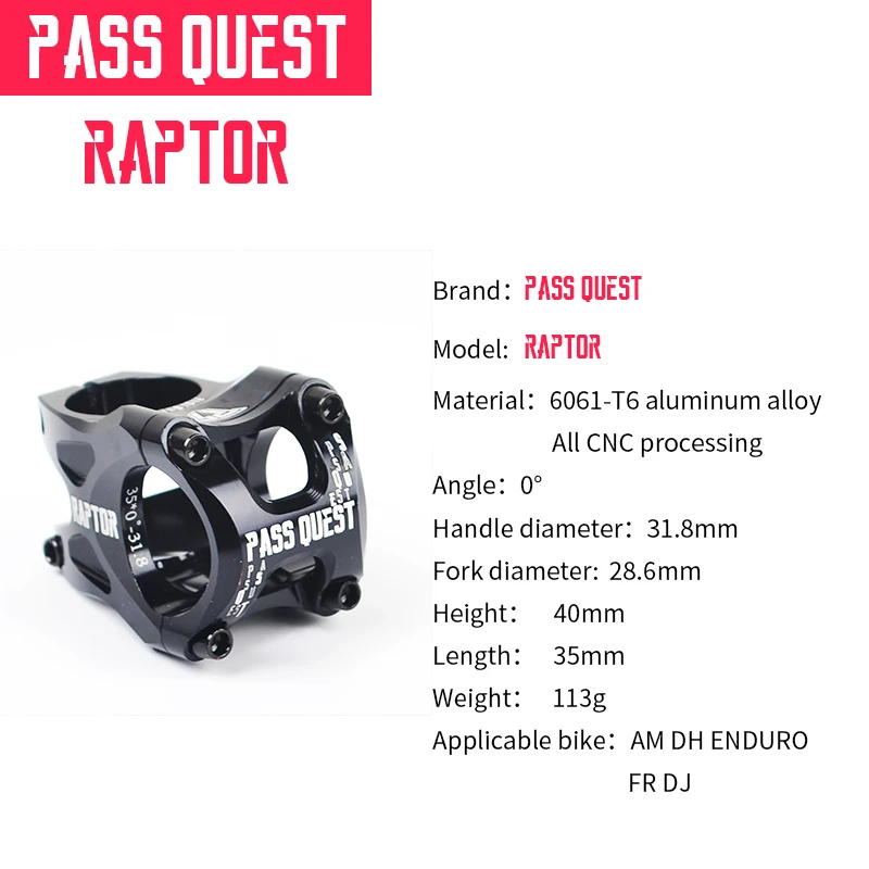Pass Quest руля для горного велосипеда, руля для велосипеда MTB, алюминиевый сплав, стояк для AM DH ENDURO FR DJ RAPTOR 0 градусов 31,8*40 мм
