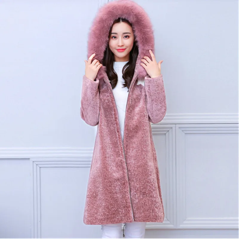 UHYTGF S-3XL Модные стрижки овец зимняя меховая куртка Женская Лисий меховой воротник с капюшоном теплая верхняя одежда длинный тонкий дамы пальто 1106 - Цвет: Red camel