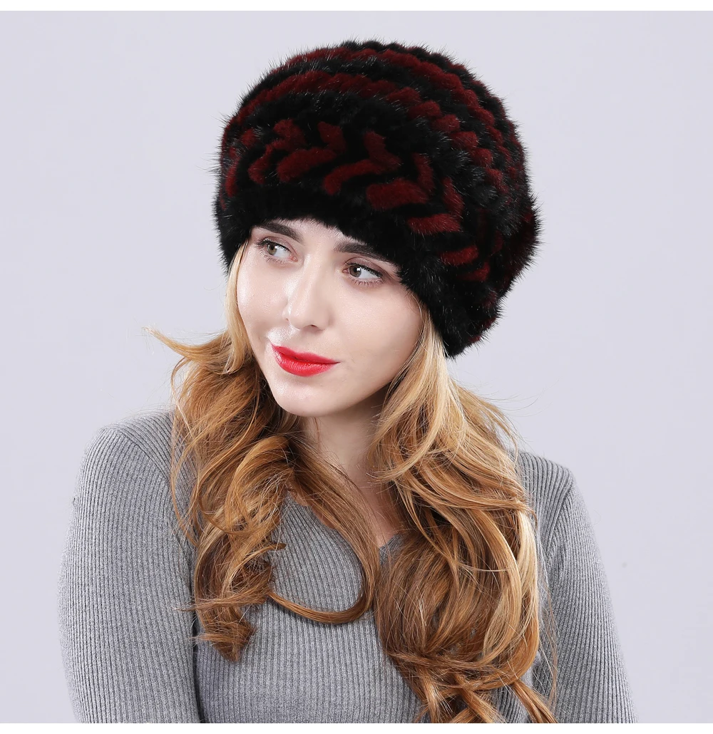 Hot Sale Lady Real Mink Fur Hat Women Winter Knitted Mink Fur Beanies Cap Brand Fashion Thick Female Mink Fur Caps