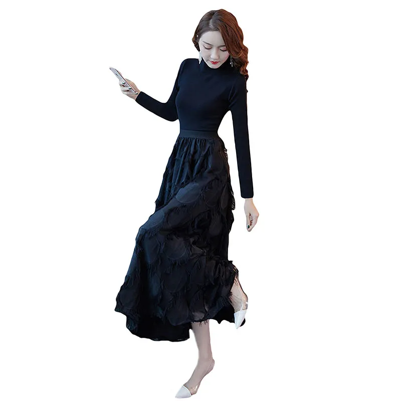 

2 Piece Set 2019 Spring Autumn Women Knitted Sweater Pullovers +Tassel Pleated Long Skirt Suits Elegant Solid Skirt Suit J193