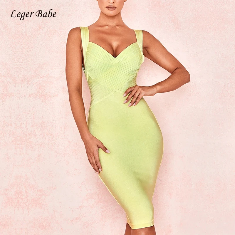 

New Arrivals Yellow Bandage Dress Women Sexy Backless Dress Spaghetti Strap V Neck Sleeveless Knee Length Dresses Party Club
