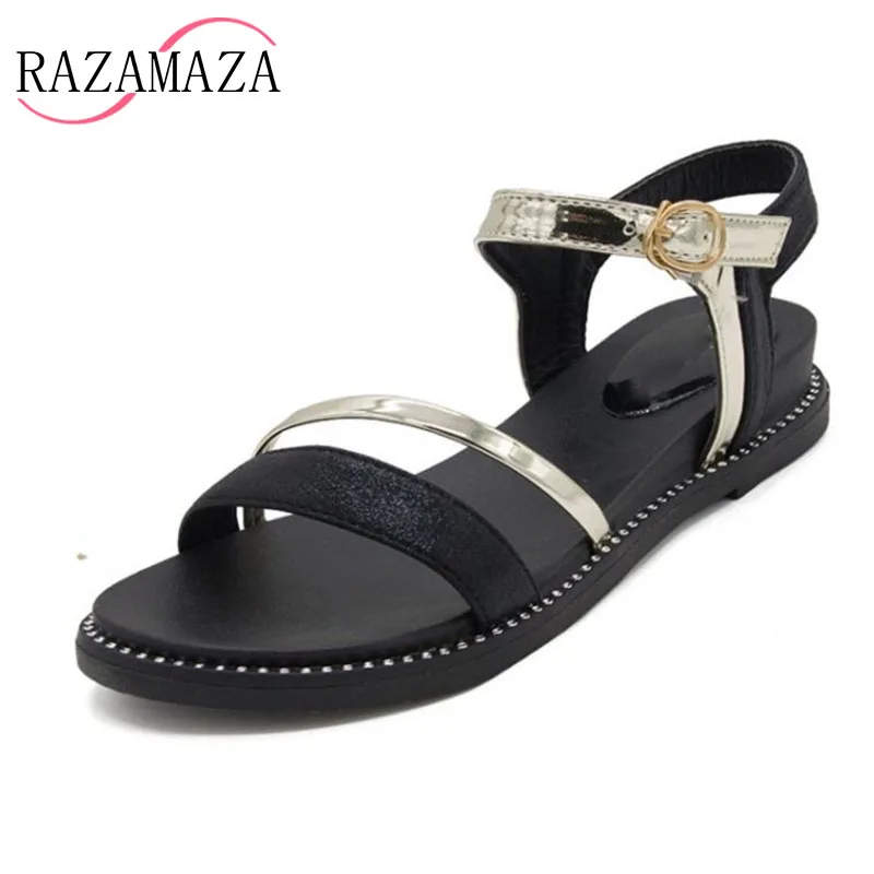 RAZAMAZA Chic Office Lady Flats Sandals Ankle Strap Metal Color Summer Vacation Shoes Woman Size 35-39 | Обувь