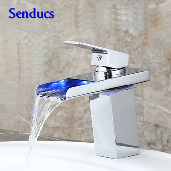 

Free shipping good quality LED waterfall faucet with single handle solid brass bathroom basin sink waterfall mixer taps