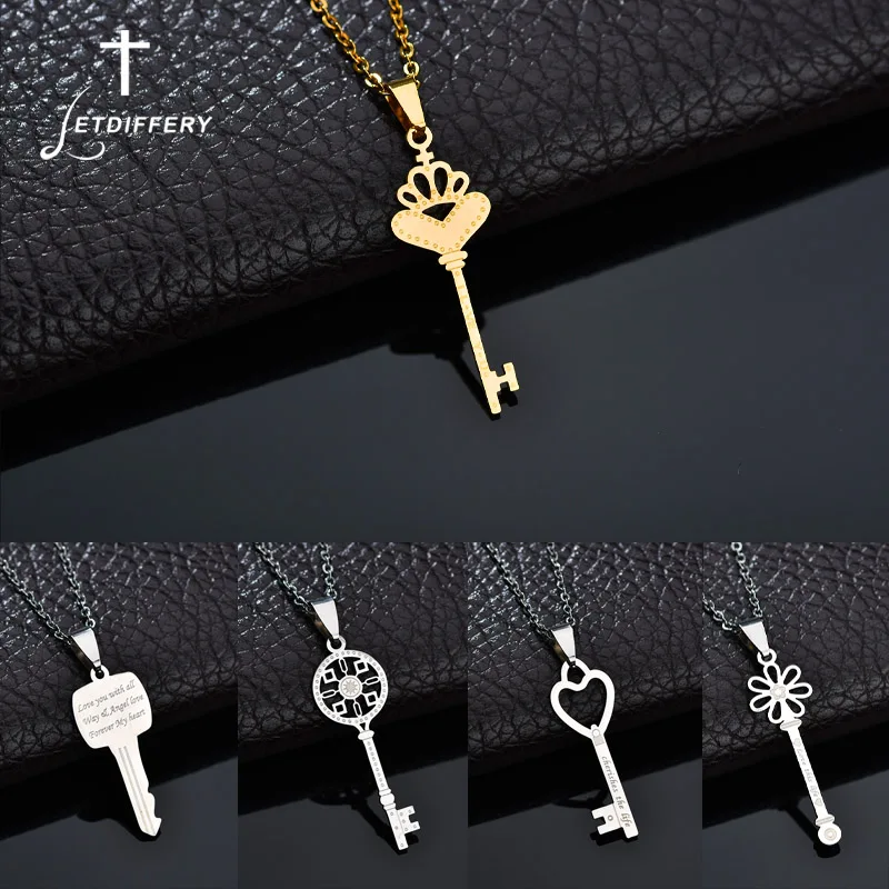 

Letdiffery Fashion Stainless Steel Hollow Key Pendant Necklace For Women Gold Lucky Crown Heart Charms Neckalce Wedding Gift