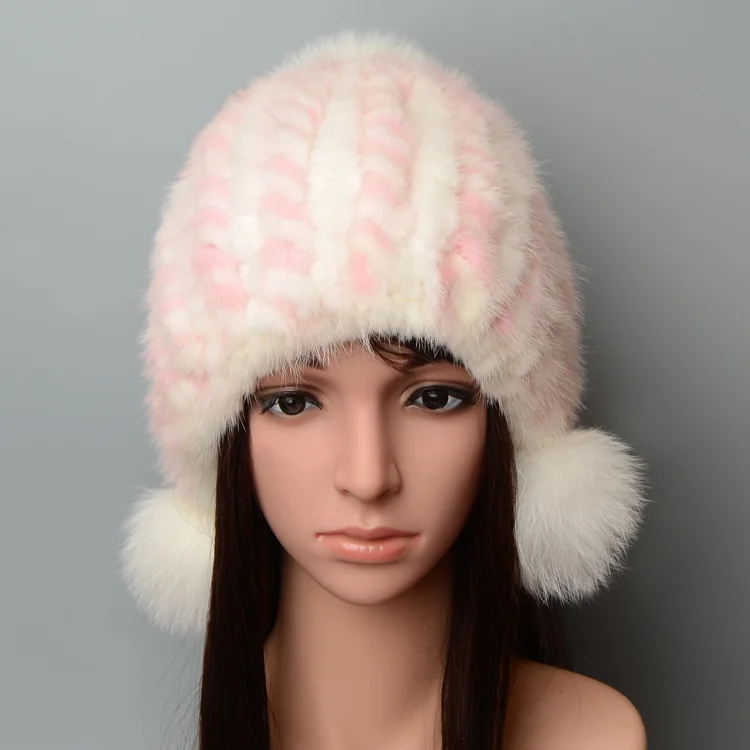 

2018 Autumn and winter fur hat lady students real fur mink wool hat fox fur ball thick warm earmuffs