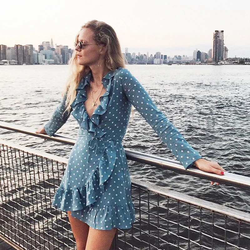 

2019 Runway Dress Women Sexy V Neck Polka Dot Ruffles Mini Dress Female Holiday Dresses