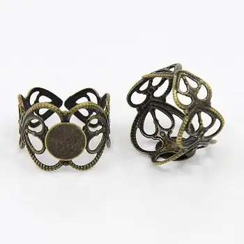 

Adjustable Brass Ring Shanks, Filigree Ring Base Findings, Round, Antique Bronze, Tray: 8mm; 17mm