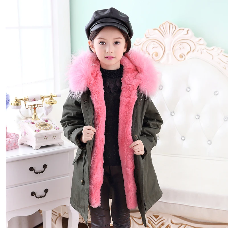 

Kids Army Green Coat Parkas Children's Natural Rabbit Fur Coat Winter Warm Baby Outerwear Coat Raccoon Fur Collar Solid Coat C#2