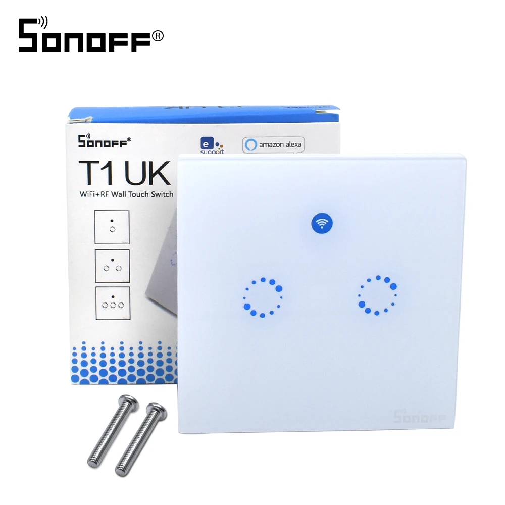 Sonoff T1 UK Wifi Wall Touch Switch 86 Type 2 Gang LED Light Glass Panel Automation Module For
