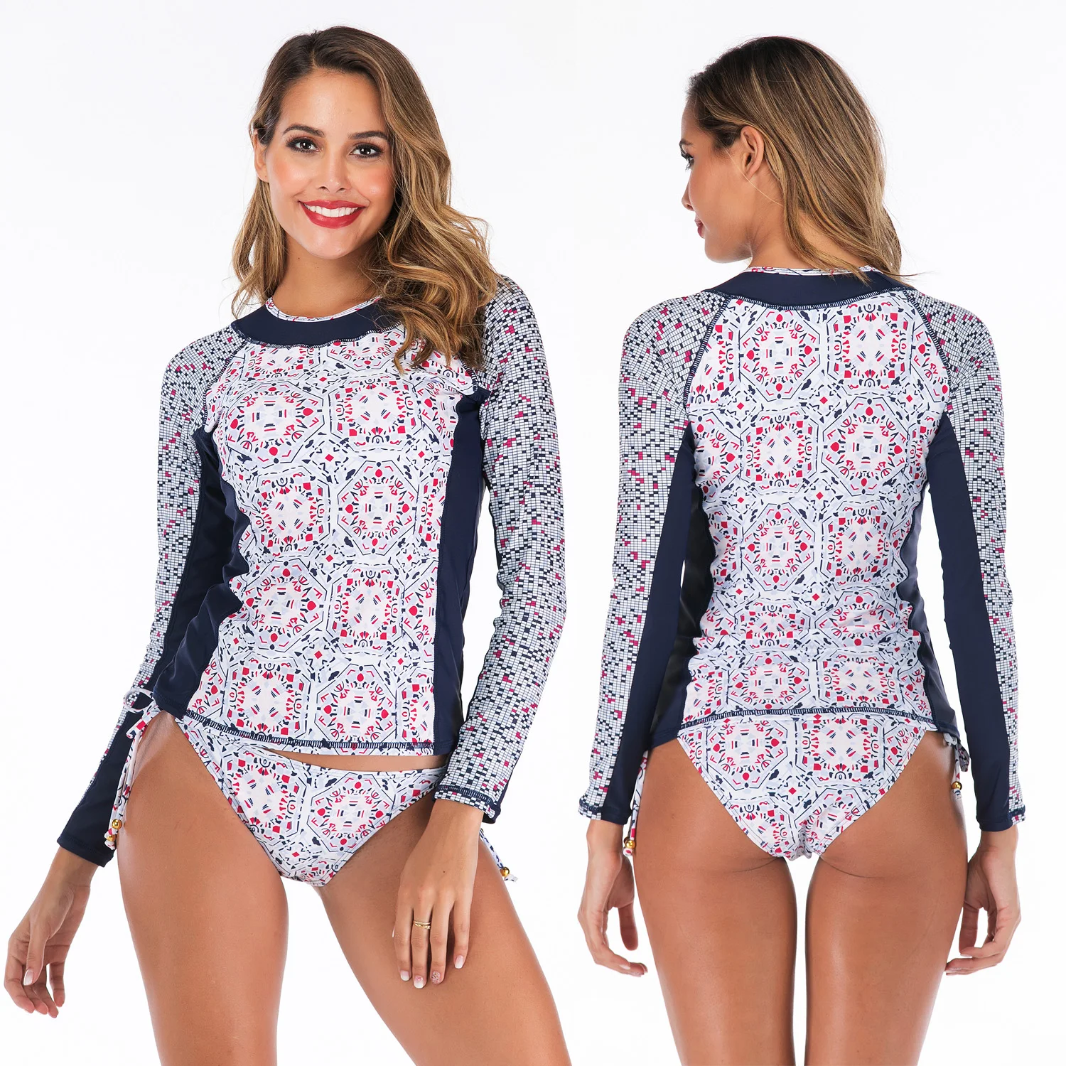 Swimsuit Women Long Sleeve Rashguard Two Pieces Swimwear UPF50+ Print Floral Zipper Surf Rash Guard Hot Spring Bathing Suit