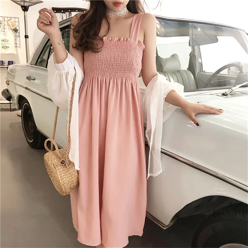 

Lychee Girls Vintage Sexy Sleeveless Summer Women Dress Solid Elastic Long Dress Causal A Line Dress Female