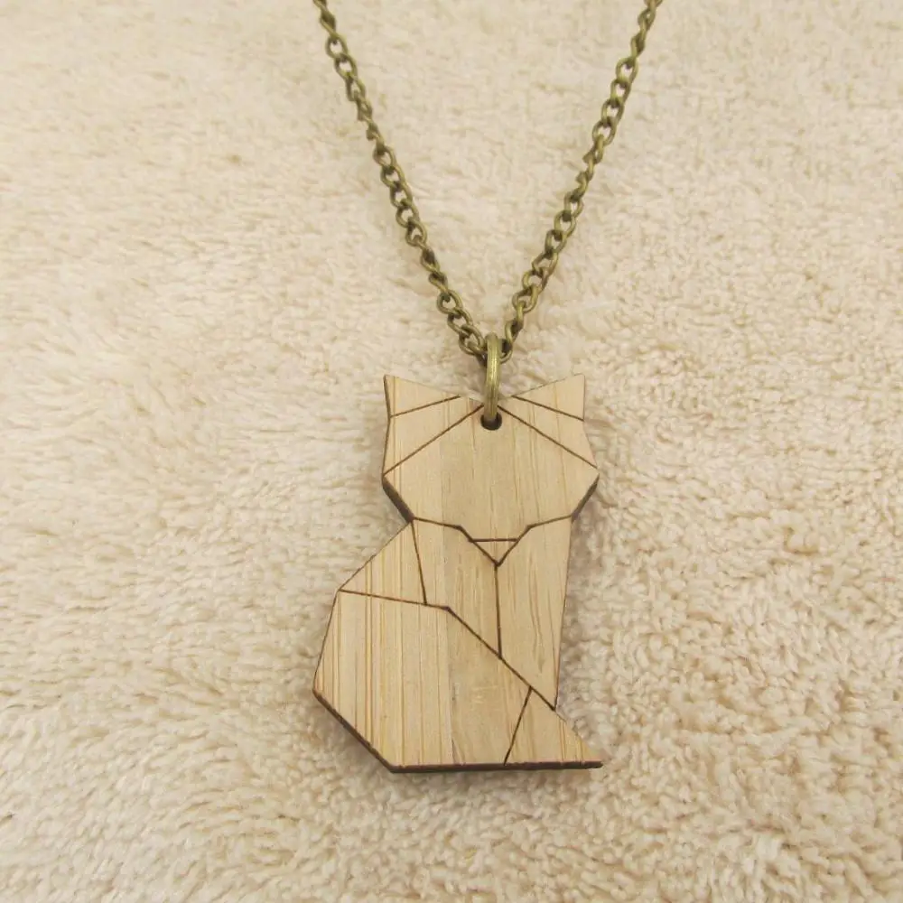 Лазерная резка деревянная лиса ожерелье бамбуковое дерево оригами подвеска-Лиса Животное Ювелирные изделия Подарки - Окраска металла: origami