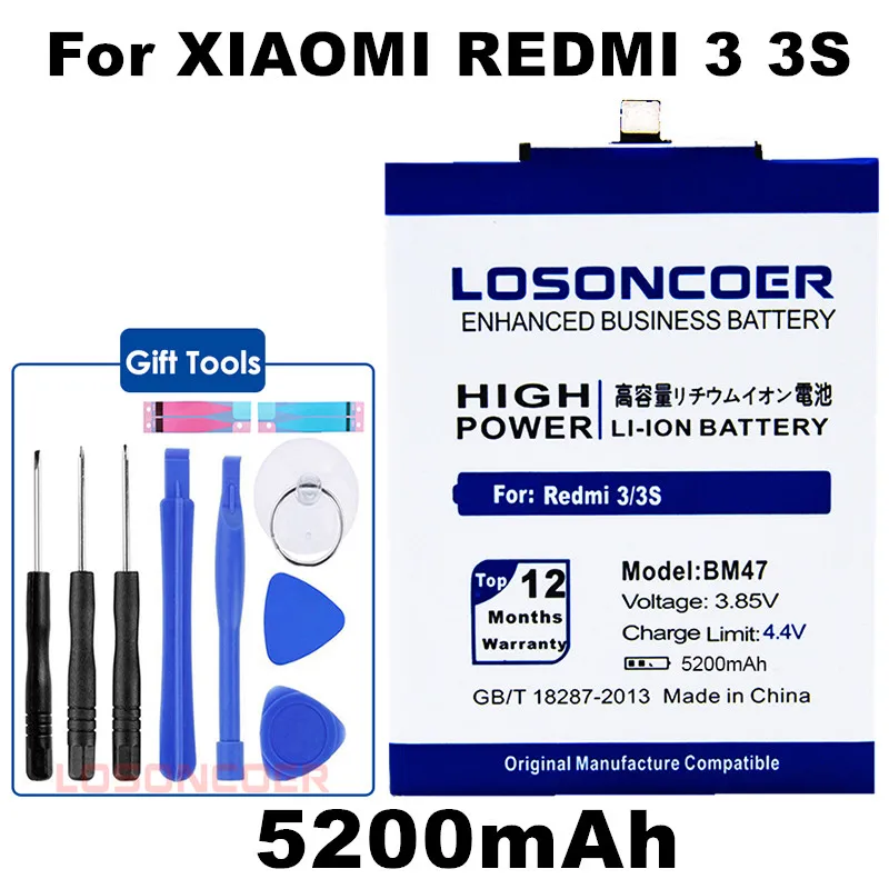 

3.85V LOSONCOER 5200mAh BM47 Battery Cell Phone batteries For Xiaomi Redmi 3 3S 3X 3 pro Red Rice Hongmi 3X Redmi 4x Battery