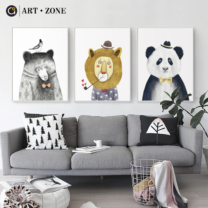 

ART ZONE Nordic Art Canvas Painting Cute Animals Lion Bear Panda Poster 3D Print Wall Art Baby Kids Room Home Decor Oil Painting