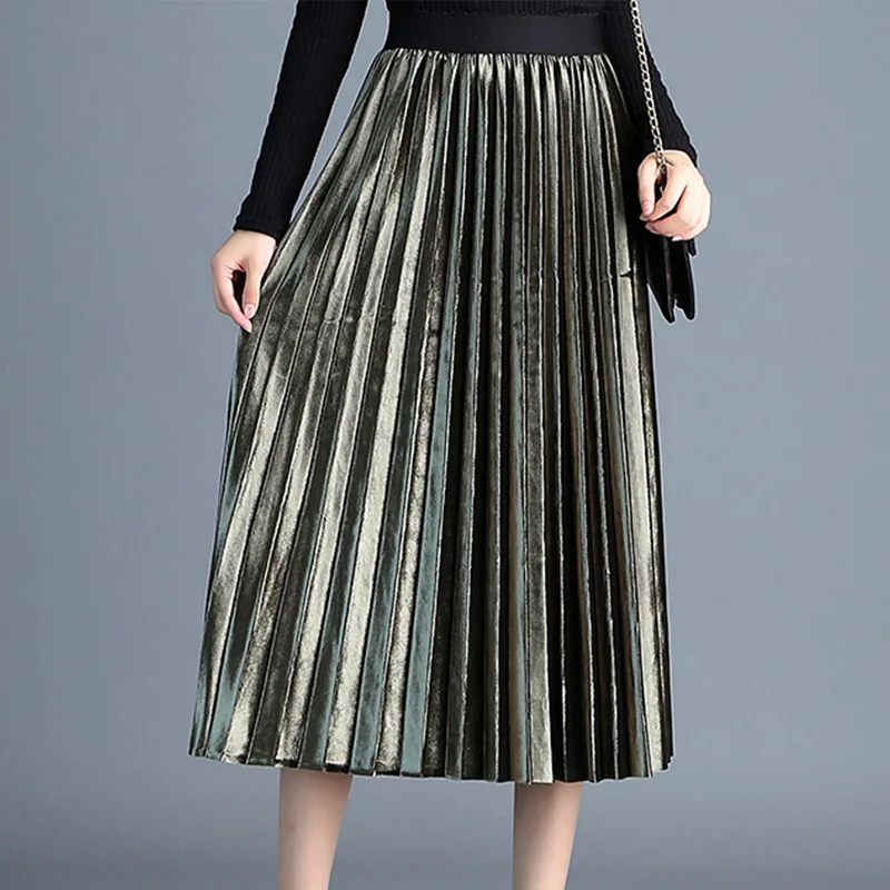 Весенние плиссированные юбки для женщин, корейская мода, винтажная металлическая цветная длинная юбка с высокой талией, тянущаяся трапециевидная юбка - Цвет: Green