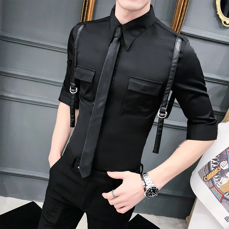 Летнее платье Мужские красные рубашки модная рабочая одежда Camicia Elegante Uomo пояс Униформа черные мужские Клубные рубашки мужские белые рубашки