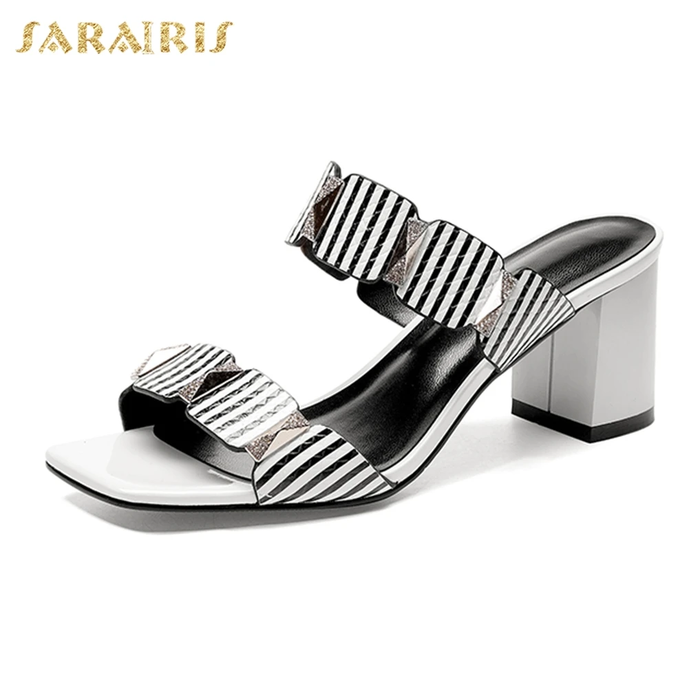 

Sarairis 2019 New Gingham Genuine Leather Shoes Mules Women Summer High Heels Slippers Women Shoes Woman Large Size 34-42