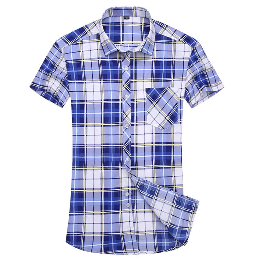 Летний Для мужчин свободные рубашки тенденция Для Мужчин's Повседневное ультра-тонкая рубашка с короткими рукавами Цвет плед воротник моды Для мужчин бренд рубашки - Цвет: Blue
