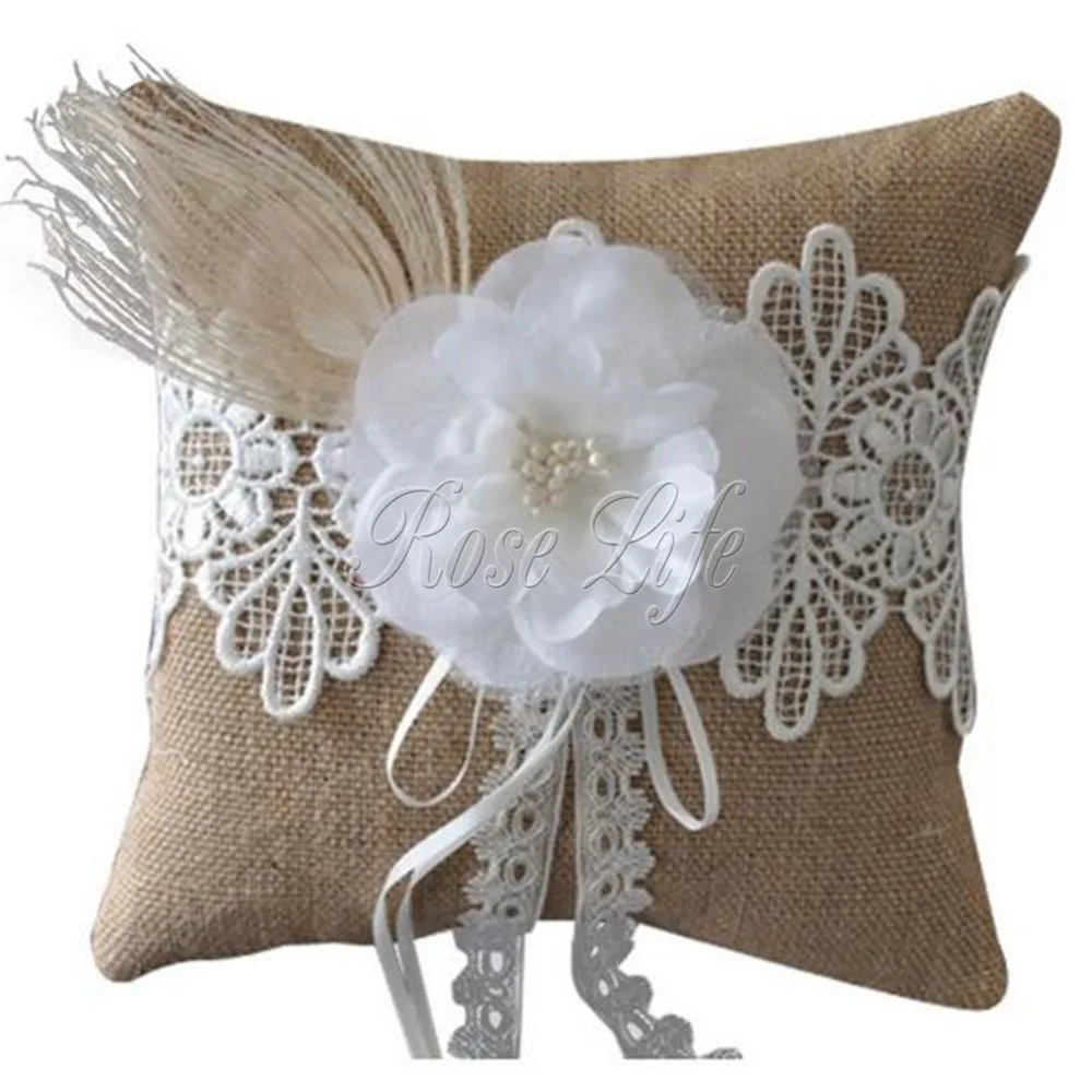 Flower Burlap Hessian Lace Decor Wedding Ring Pillow Bridal Decoration