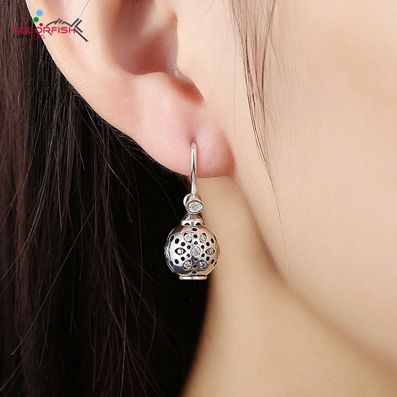 

COLORFISH 925 Solid Sterling Silver Vintage Engrave Flower Dangling Earrings For Women Zirconia Jewelry Round Ball Earrings Gift