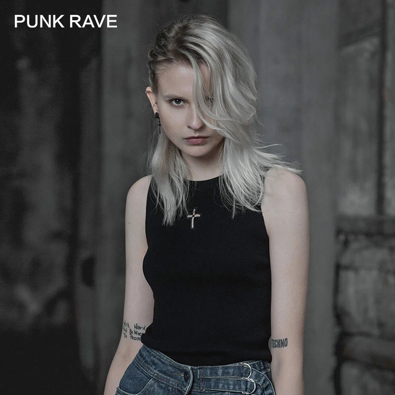 

PUNK RAVE New Women's Black Gothic Casual Cross Hollow Minimalist Knitted Vest Summer Women Sleeveless Sexy Harajuku Top