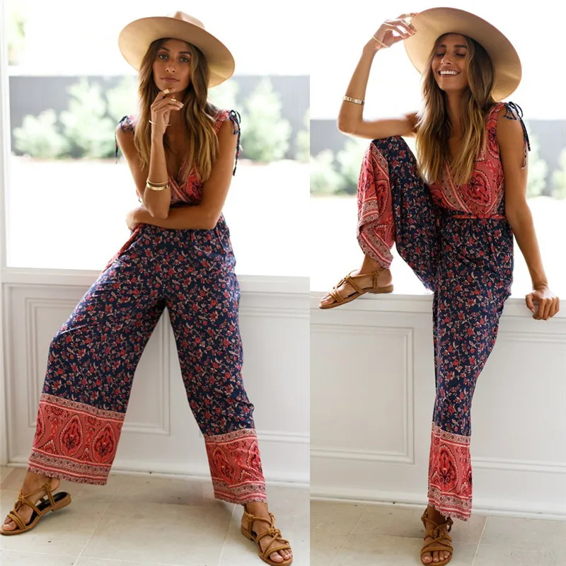 

Women's Summer Boho Jumpsuits Floral Geometric Printed Loose Strap Lace up Bodysuit Indie Folk Party Romper Long Trousers