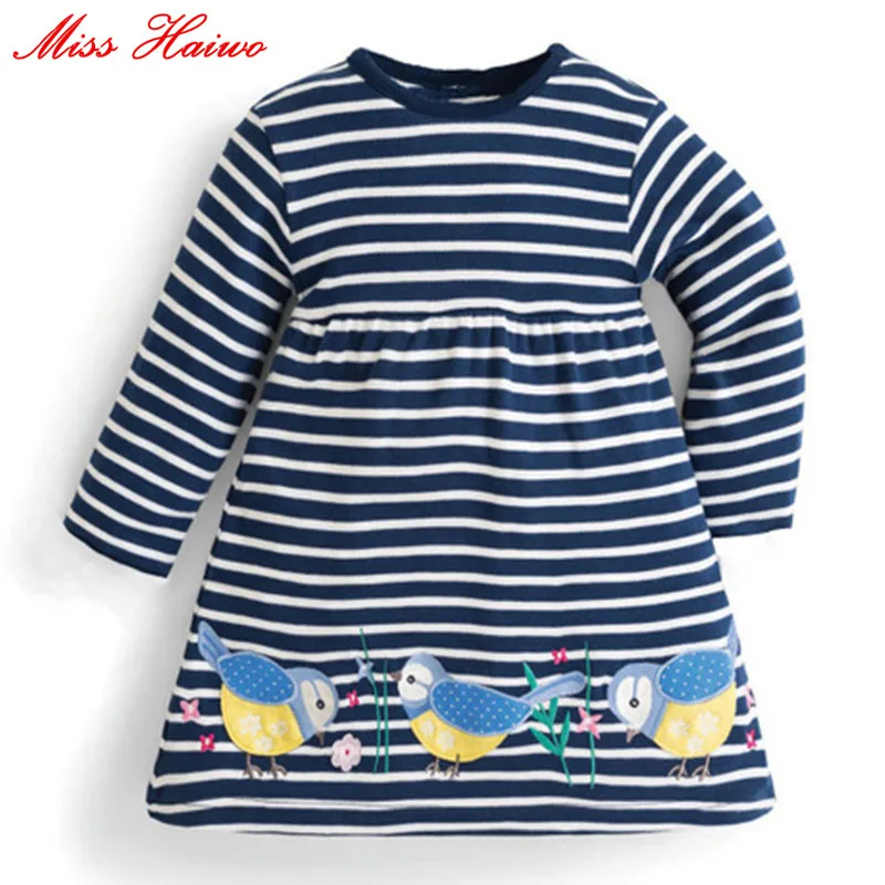 

Miss Haiwo Fall Kids Dresses For Girls Pure Cotton Baby Girl Clothes stripes Birds cartoon Girls Long Dress Children's Clothing