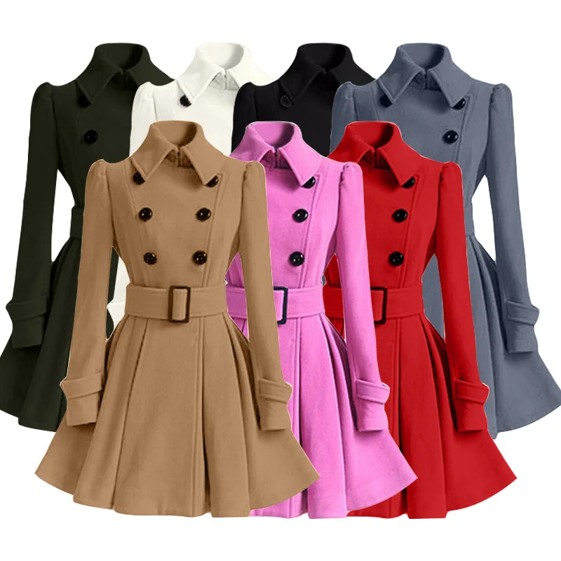 Зимнее шерстяное красное пальто, ветровка, Женский бандажный Топ, полушерстяная Одежда для девочек, двубортная куртка, толстые женские топы разных цветов